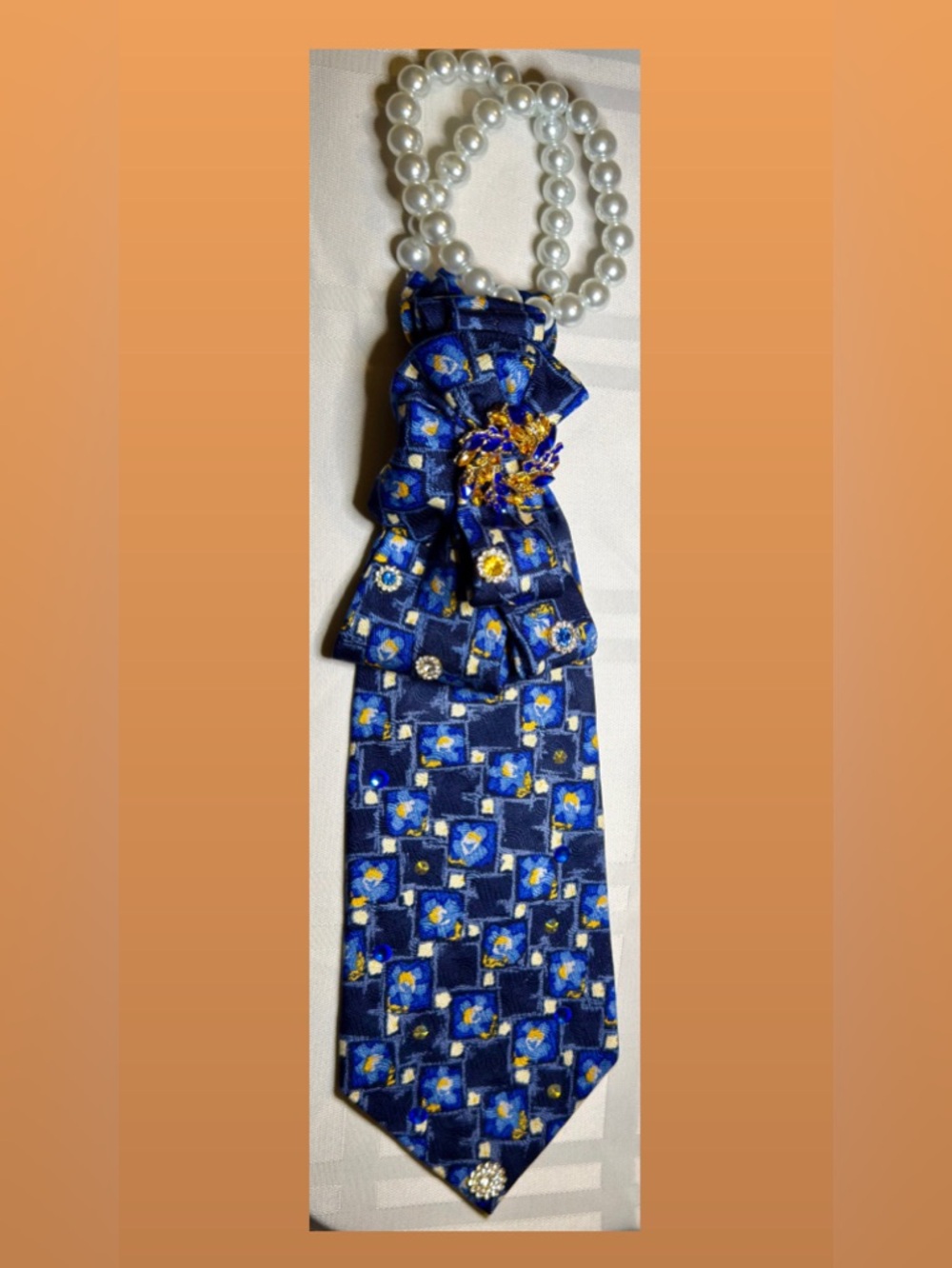 Blue Floral Silk Tie with Gold & Blue Rhinestone Brooches